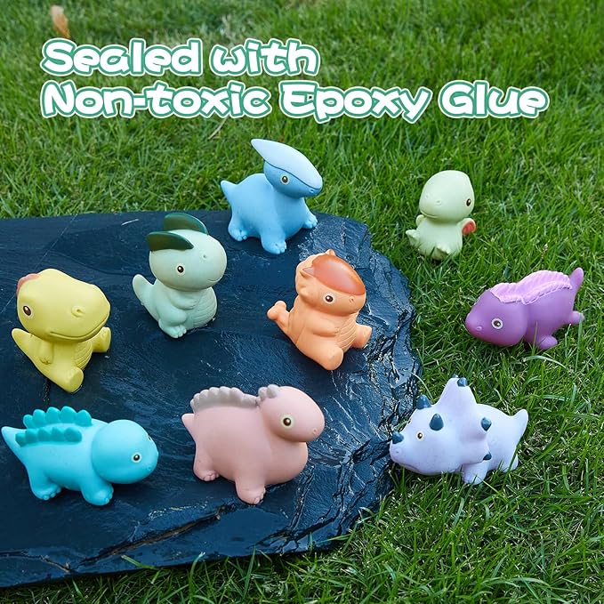Mold Free Bath Toys, 9 Pack | Sealed, No Hole Bath Toys | Soft, Squeezable & Float on Water | Non-Toxic Easy-Grip Baby & Toddler Bath Toy Set | Baby Gift for Christmas Stocking Stuffers (Dinosaur)