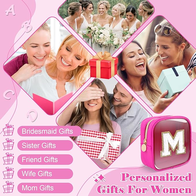 Personalized Initial Letter Clear Preppy Makeup Bag,Mini Nylon Chenille Letter Cosmetic Bag Cute Zipper Pouch Coin Purse for Teen Girls,Portable TSA Approved Travel Essentials Bag Gift for Women,M