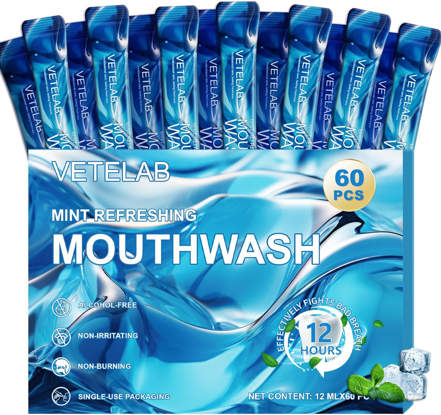 Portable Travel Size Mouthwash Packets - TSA-Approved Mini Mint Mouthwash for Adults, Alcohol & Fluoride-Free Oral Care for Air Travel, Dates & Office, 60 Individually Wrapped 0.4oz Packs
