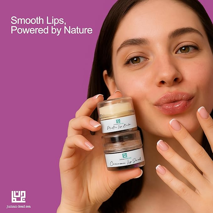 Juman Dead Sea Minerals Lip Gift Set | With Essential Oils | Exfoliating Lip Scrub & Moisturizer Set | Mastic & Cinnamon | Vegan | SLS & Paraben-Free | Great as a Gift