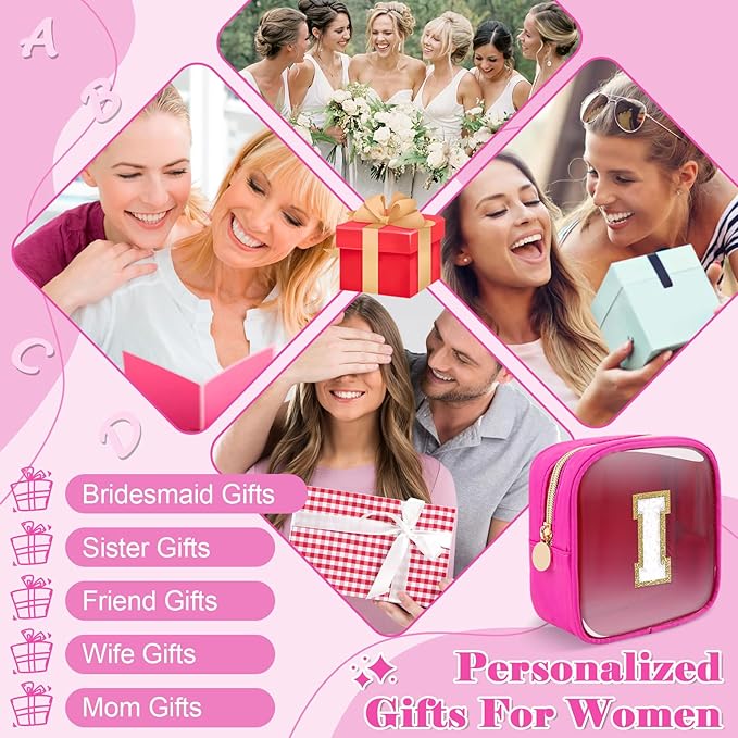 Personalized Initial Letter Clear Preppy Makeup Bag,Mini Nylon Chenille Letter Cosmetic Bag Cute Zipper Pouch Coin Purse for Teen Girls,Portable TSA Approved Travel Essentials Bag Gift for Women,I