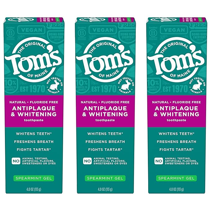 Tom's of Maine Antiplaque and Whitening Fluoride Free Natural Toothpaste Gel, Vegan, Spearmint, 4 Ounces (3 Pack)