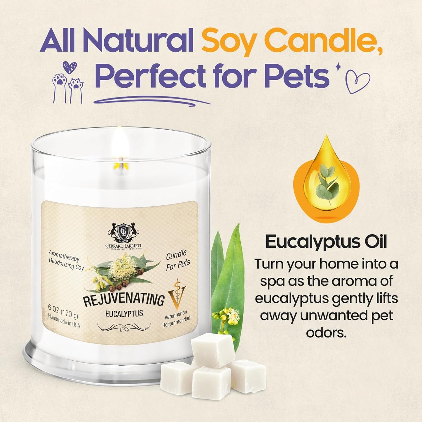 Pet Odor Eliminator Candle Rejuvenating Eucalyptus Scented Candle, Calming Candles Aromatherapy for Home Decor, Soy Wax Pet Candles Odor Eliminator for Animal Lover, Aromatherapy by Gerrard Larriett