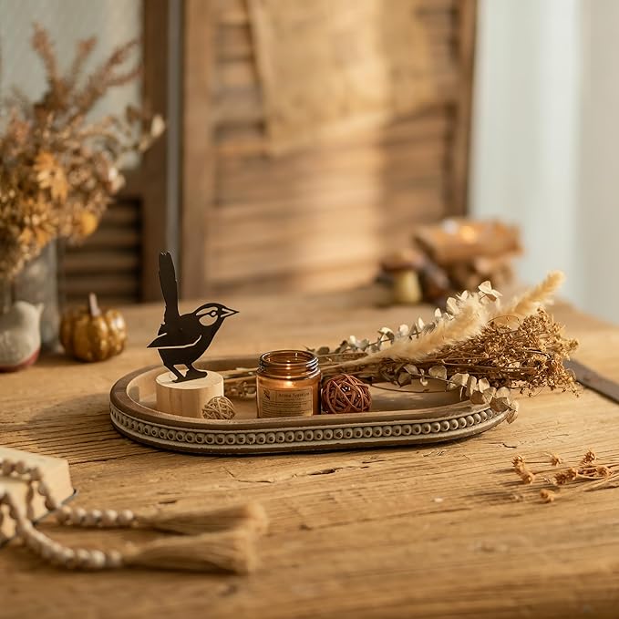 Hanobe Decorative Serving Tray Wood: Brown Bead Oval for Coffee Table Rustic Wooden Trays Decor Farmhouse Kitchen Counter Vintage Centerpiece Living Room Home Organizer, 15.15''x9.25''x1.18''