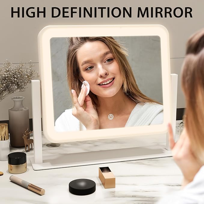 14"x12"Vanity Mirror, Lighted Makeup Mirror for Vanity Desk, Smart Touch Control, 360° Rotation, 3-Color Modes, Bedroom, White