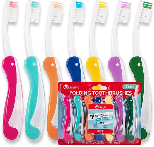 Lingito Mini Toothbrush with Cover, Folding Travel Size, Adults Kit (7 Pack Soft)
