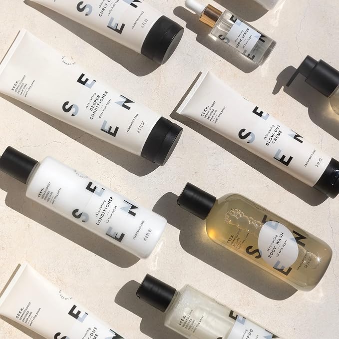 SEEN Travel Trio, Fragrance Free - Non-Comedogenic & Blow-Out Hair Cream, Shampoo & Conditioner Set- Reduces Frizz- Heat Protectant- Safe for Sensitive & Eczema Prone Skin