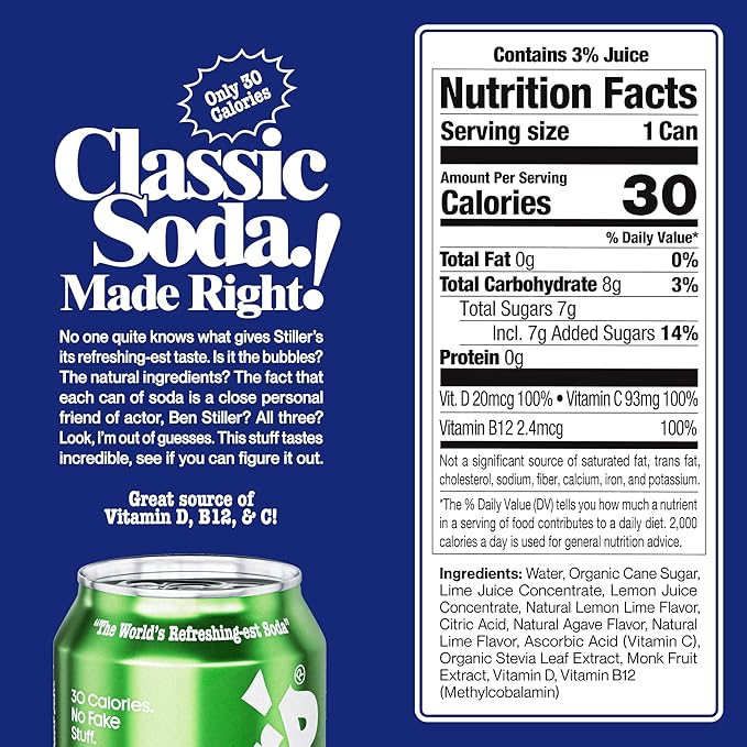 Stiller’s Lemon Lime Soda, 12 Pack Cans of Low Sugar Sparkling Soda Natural Lemon Lime Drink with Vitamins, Stevia Soda, Caffeine-Free, Alternative to Diet Soda