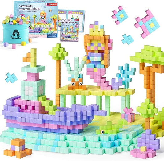 116 PCS Magnetic Blocks Set, 1" Magnet Building Blocks with Toy Eyes and Storage Bag for Kids Gifts, STEM Educational Preschool Sensory Toys for Toddlers Boys Girls Ages 3 4 5 6 7 8 + (Macaron Color)