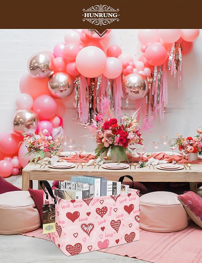 HUNRUNG Rectangle Storage Basket Cute Canvas Organizer Bin for Pet/Children Toys, Books, Clothes Perfect for Rooms/Playroom(REC-Pink Love Heart)