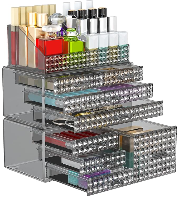 3 Pack Makeup Organizer Stackable[Upgraded], Acrylic Cosmetics Storage Cases with 8 Drawers Perfume Organizers For Brush Holder or Jewelry Display,Plus Size,Best For Vanity,Bathroom or Countertop