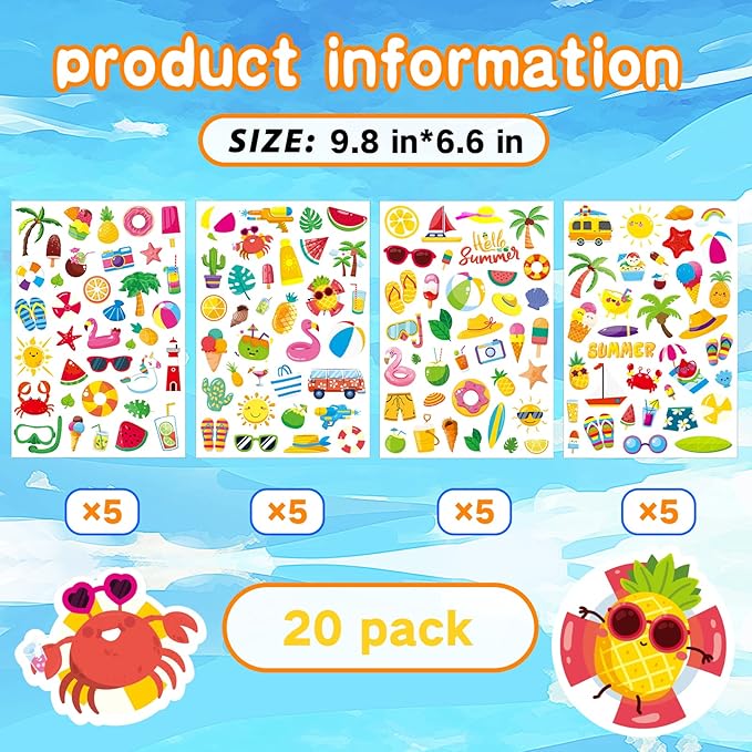 Summer Pool Beach Adhesive Stickers Luau Hawaii Sun Stickers 700 Count forBirthday Invitations Envelopes Decorations Party Goodie Gifts Bags Decor School Game Class Rewards