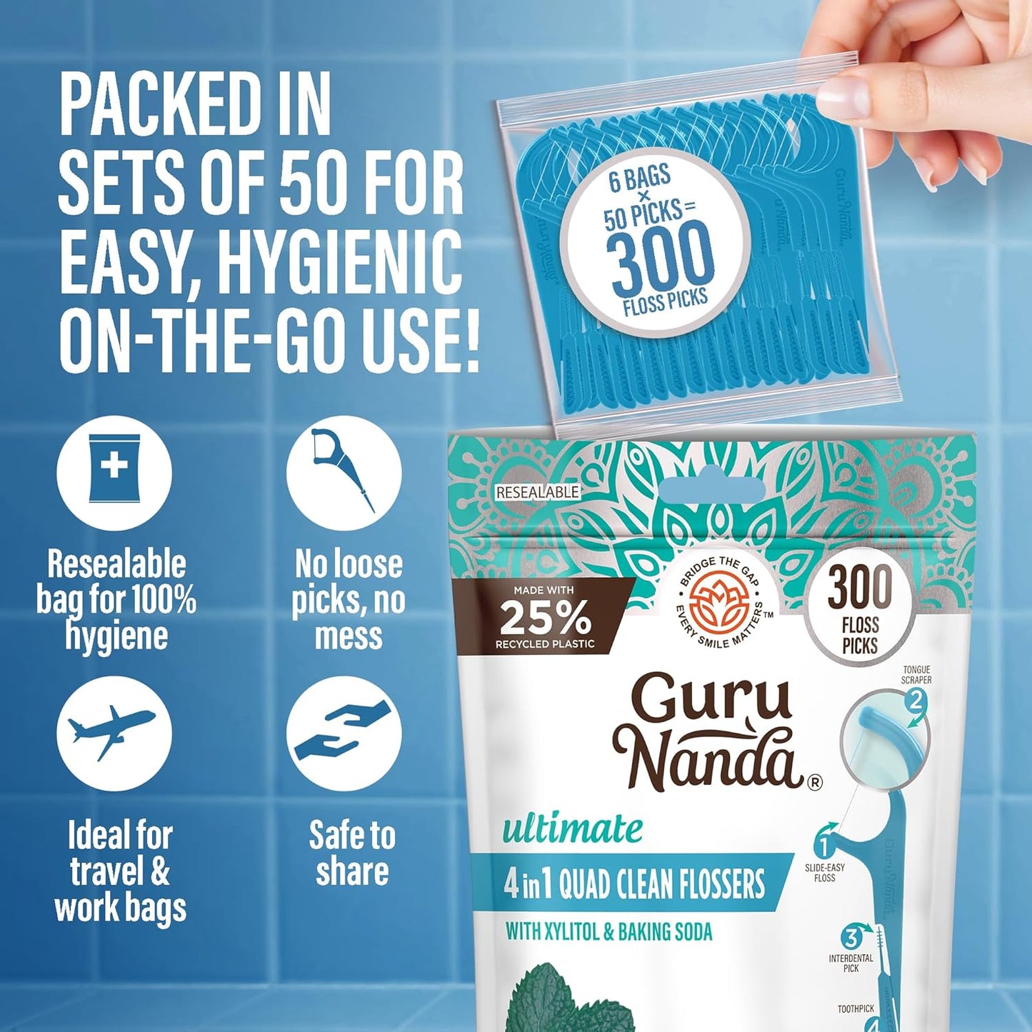 GuruNanda Quad Clean Floss Picks 4-in-1 with Tongue Scraper, Interdental Pik & Toothpick, Non-Shred Dyneema Thread, with Xylitol & Baking Soda, 300 ct