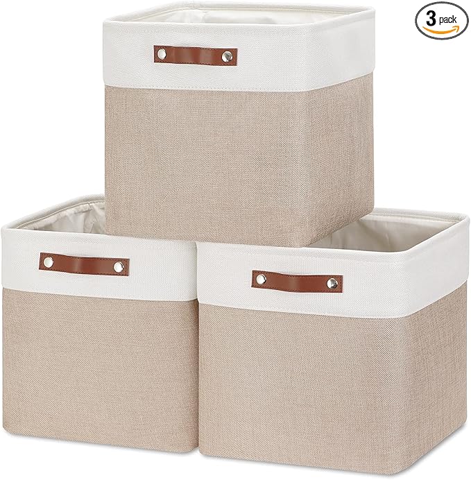 HNZIGE Cube Storage Baskets for Shelves Foldable Storage Baskets(3 Pack) Cube Storage Bin,13 Inch Storage Basket for Organizing with Leather Handles for Toys, Clothes, Kids, Closet (White&Beige)