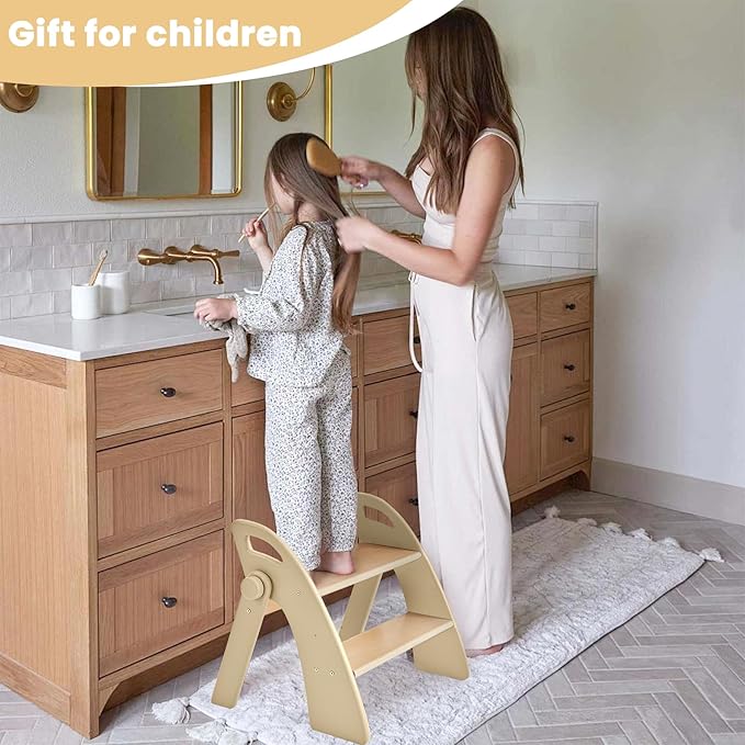 Wooden Step Stool, 300 lb. Load Capacity, with Safety Non-Slip Pads and Handles, Bamboo Step Stool for Bathroom and Kitchen, Gift for Christmas (Log Color)