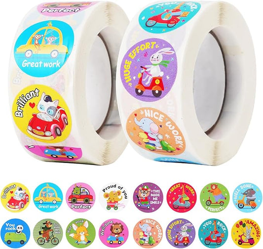 1000 Pieces Stickers for Kids,Cute Cartoon Animal Reward Stickers Suitable for Childers,Students,Classroom,School,Home,Party (1" / 2 Rolls)