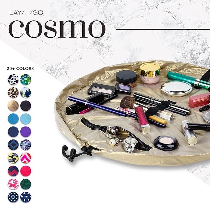 Lay-n-Go Cosmo Drawstring Cosmetic & Makeup Bag Organizer - Portable Drawstring Bag w/Zipper Pocket, Makeup Loops & More - Durable, Machine Washable Toiletry Bag for Travel (20", Metallic Gold)