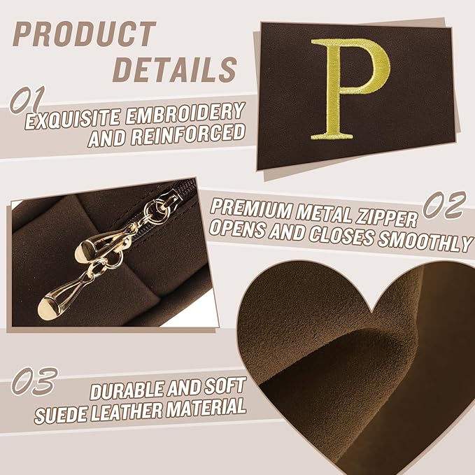 Personalized Initial Makeup Bag,Preppy Suede Cosmetic Bag for Teen Girls,Small Monogram Travel Toiletry Bag With Gold Embroidered Letter,Trendy Stuff Custom Christmas Gift for Women(Coffee-P)