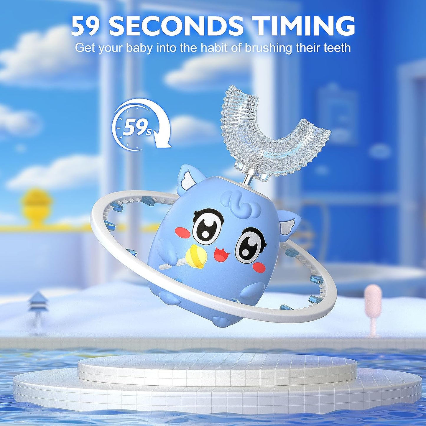 Kids Electric U Shaped Toothbrush Children Rechargeable Sonic Toothbrush with 6 Soft Brush Head Automatic Full Mouth 6 Cleaning Modes - (Age 2-7 Yellow)