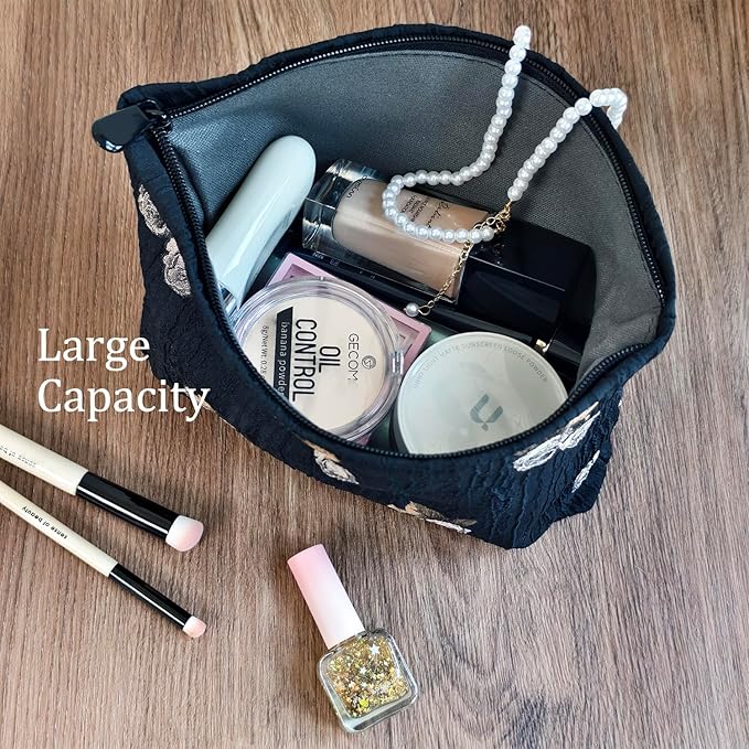 STARDW Aesthetic Floral Makeup Bag Cute Small Cosmetic Bags for Women Girls, Travel Toiletry Bag Large Capacity Zipper Makeup Pouch, Purse Organizer Pouches (Rose Vintage)