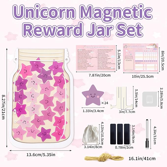 Yoink Unicorn Magnetic Reward Jar Set, Star Jar Reward System for Kids with 24 Colourful Star Tokens and Magnetic Dry Erase Chore Chart, Home and Classroom Management Tool for Good Behavior