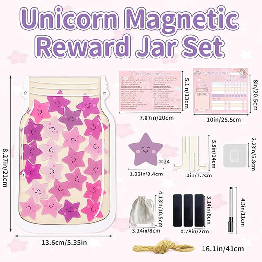 Yoink Unicorn Magnetic Reward Jar Set, Star Jar Reward System for Kids with 24 Colourful Star Tokens and Magnetic Dry Erase Chore Chart, Home and Classroom Management Tool for Good Behavior