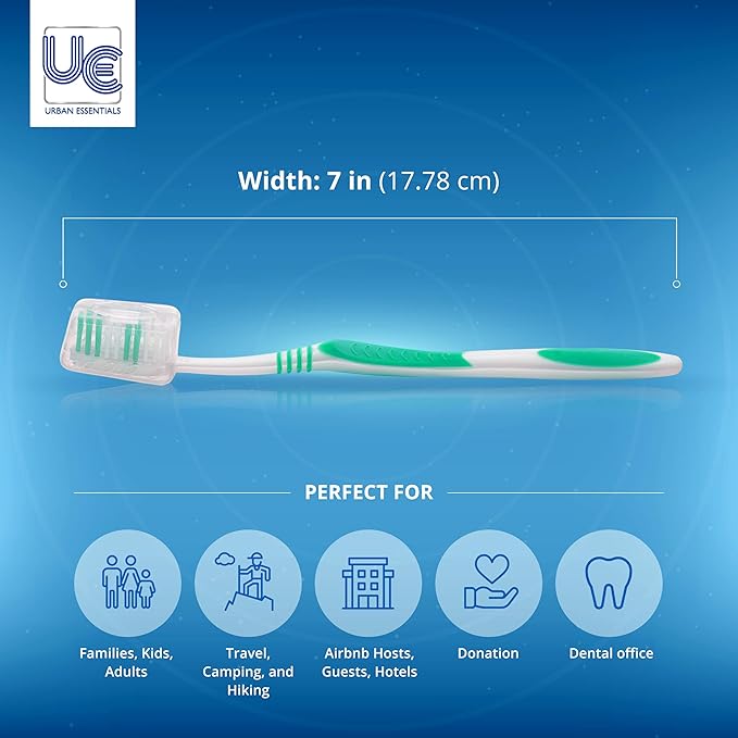 Urban Essentials Bulk Toothbrush Package with Covers | Premium Quality Individually Wrapped Colorful Tooth Brushes | Medium Soft Toothbrush Hygienic Cap for Donations, Travel, Hotels (100 Pack)