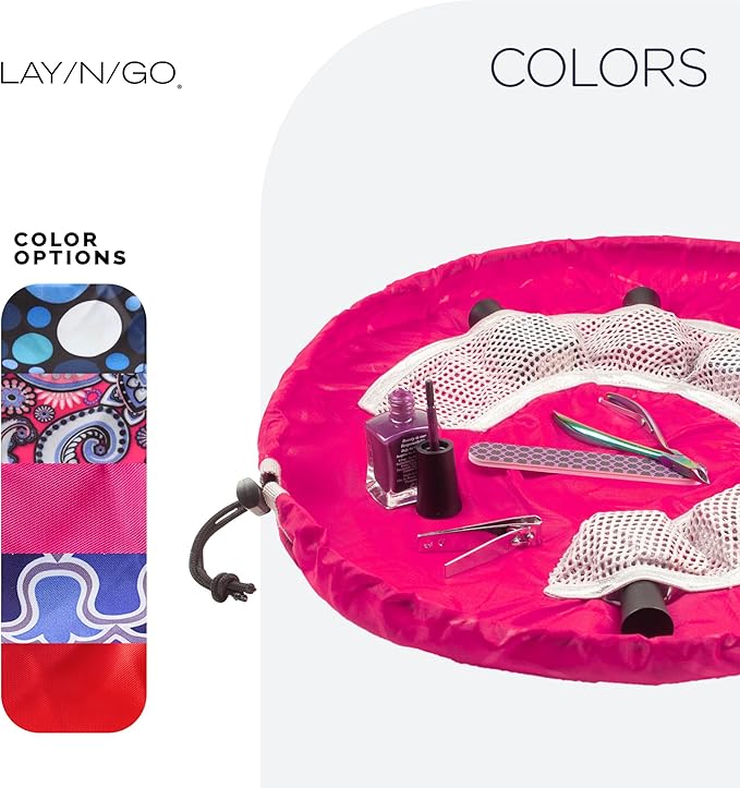 Lay-n-Go NailSpa 18″ Portable Nail Station Supplies & Cosmetic Lay Flat Organizer Bag— Travel Manicure Kit w/Mesh Pockets & Machine Washable (Pink)