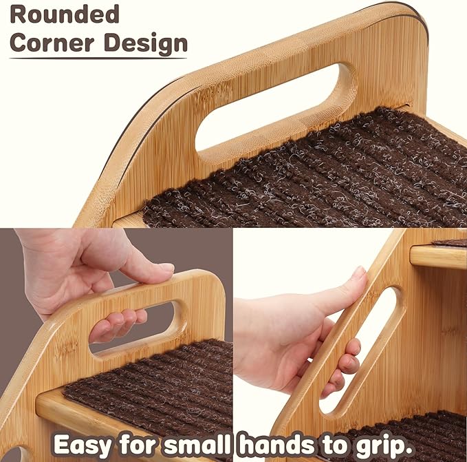 AMBIRD Wooden Step Stool with Washable and Removable Mats, Toddler Step Stools 300 lbs Capacity with Non-Slip Pads and Handles, Kid Step Stool for Kitchen, Bathroom, Bedroom (Natural with Brown Mats)