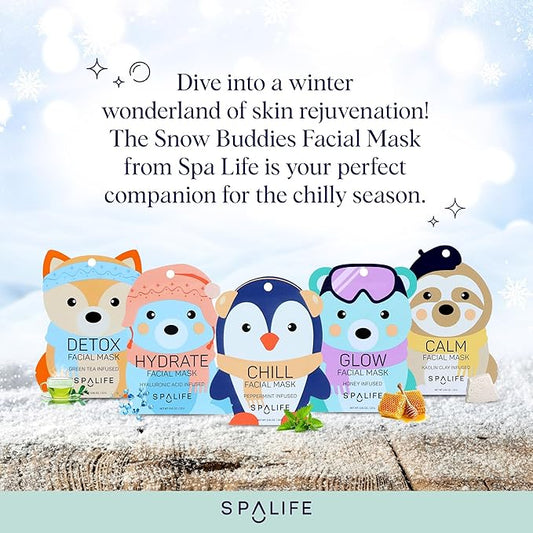 SpaLife Snow Buddies Facial Mask 10 Pack - Hydrating Character Sheet Masks for Women, Moisturizing Skincare Variety Set for Glowing Skin - Korean Facial Mask Spa Treatment with Natural Ingredients