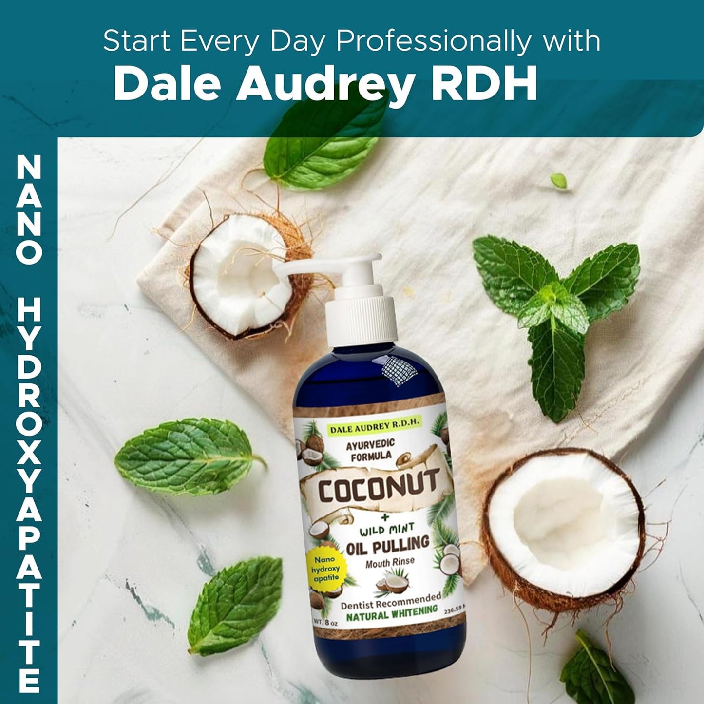 Ayurvedic Nano Hydroxyapatite Coconut Oil Pulling for Teeth and Gums, Made in USA Whitening Mouthwash Alcohol Free, Teeth Whitening Pulling Oil with Peppermint Oil, Fights Bad Breath & Plaque, 8 FL Oz
