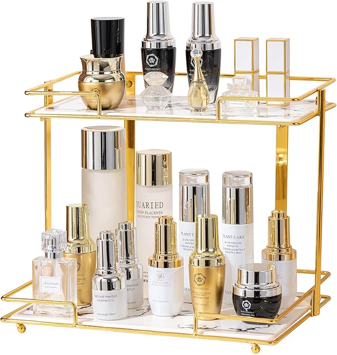 2 Tier Bathroom Cabinet Countertop Organizer Perfume Lipstick Makeup Organizer Cosmetics Storage Display Rack Vanity Tray Metal Dresser Storage Shelf White Marble Ceramic Tray Golden