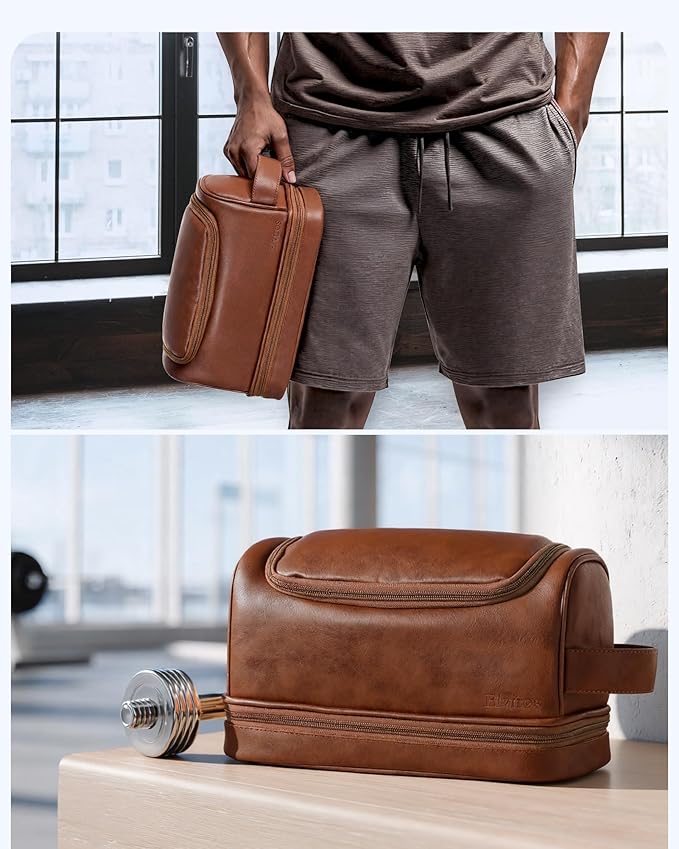 Elviros Toiletry Bag for Mens PU Leather Travel Organizer Kit with Hanging hook, Large Water-resistant Toiletries Bathroom Shaving Bags (Extra Large, Brown)
