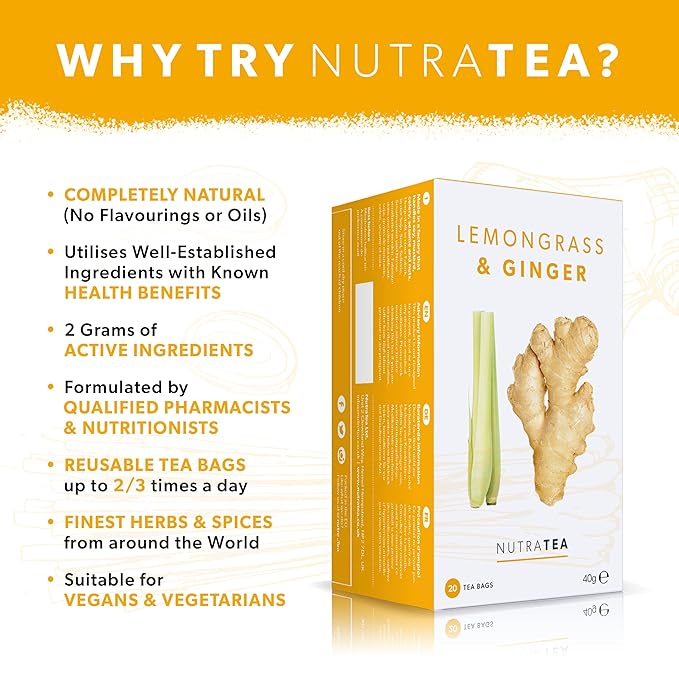 Nutra Tea - Lemongrass & Ginger Tea - 60 Tea Bags - Herbal Tea - (3 Pack)