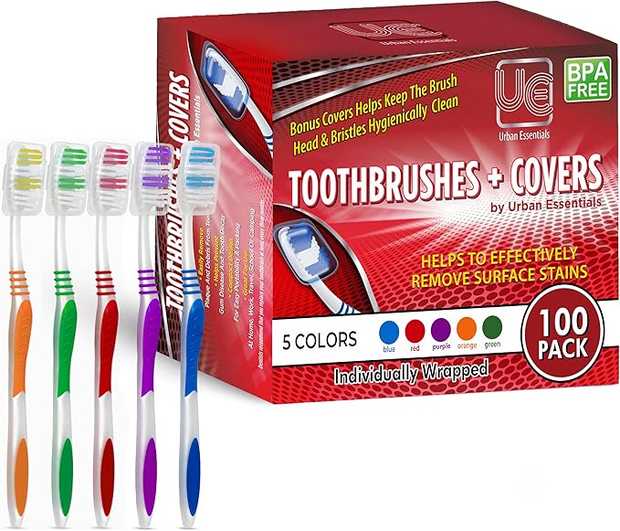 Urban Essentials Bulk Toothbrush Package with Covers | Premium Quality Individually Wrapped Colorful Tooth Brushes | Medium Soft Toothbrush Hygienic Cap for Donations, Travel, Hotels (100 Pack)