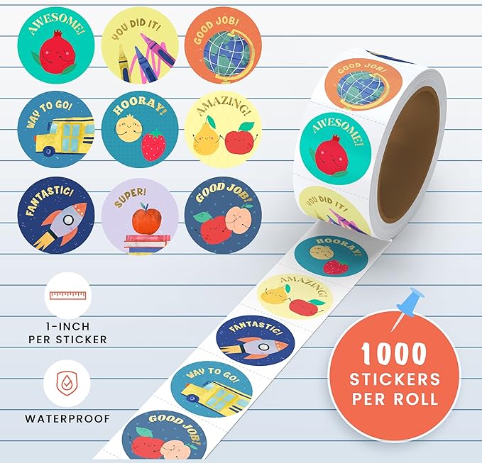Mobiusea Creation Classroom Stickers | Gold Foil Good Job Stickers |1 Inch | 1000pcs Academic and Fruit Reward Stickers, Motivational Stickers for Kids, Teacher, Elementary, School, Preschool
