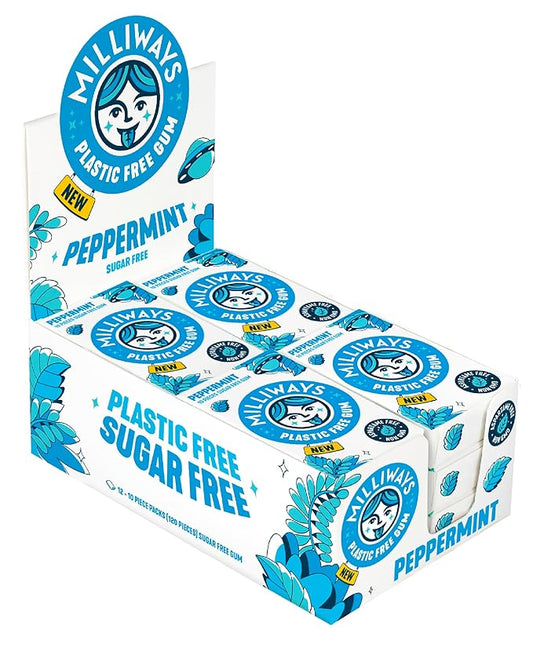Milliways Peppermint | Plastic Free Gum | Xylitol, Aspartame-Free, Sugar-Free, Plant-Based, Natural Chewing Gum | 120 Pieces Total (12 Packs of 10 Pieces)