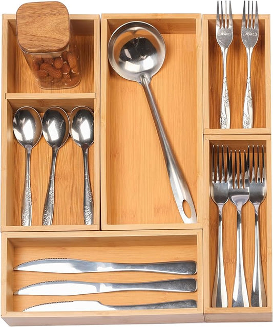 Bamboo Drawer Organizers Set, 5-Piece Multi-Use Wood Storage Organizers, Desk Drawer Tray for Kitchen, Bathroom, Office, Dresser, Bamboo Box Bin for Jewelry, Makeup, Junk, Gadgets