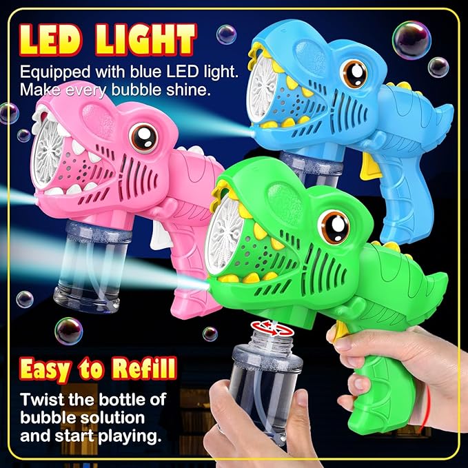 3 Pack Bubble Mahine Gun - Dinosaur Bubbles Blower with LED Light Outdoor Toys for Ages 4-6 Boys Girls Gift for 3 4 5 6 7 8 Year Old Kids Easter Basket Stuffers Valentine Birthday (Green+Blue+Pink)