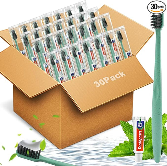 HOFASON Disposable Toothbrushes with Toothpaste 30 Pack, Travel Toothbrush Toothpaste Set Bulk, Individually Wrapped Travel Size Tooth Brush Paste for Homeless, Hangover Kit Guest Bathroom Essentials