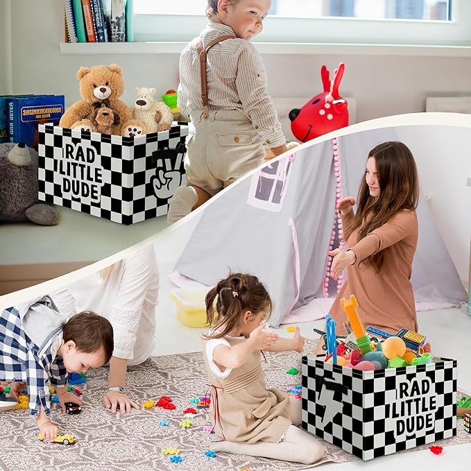Rad Little Dude Boy Basket Foldable Storage Bins Box with Handles, Black and White Checkered Collapsible Organizer Basket for Kids Boys Bedroom Bathroom Nursery Playroom Clothes Toys Books