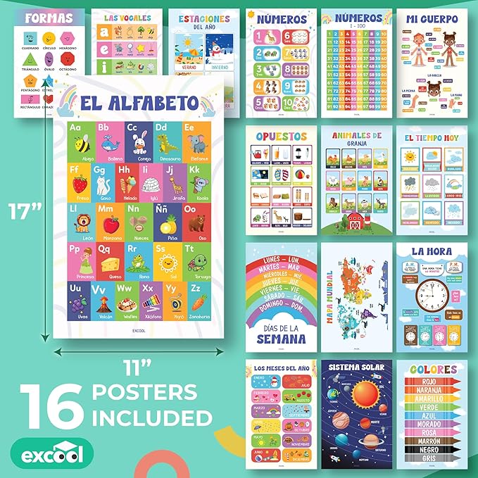 EXCOOL CLUB 16 Spanish Classroom Posters For Elementary - Colorful Bilingual Educational Posters For Toddlers 1-3, Laminated Learning Poster Preschool Must Haves, Abecedario Para Niños En Español