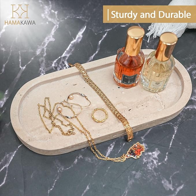 Bathroom Vanity Tray, Natural Marble Oval Sink Tray 10 Inch, Beige Travertine Vanity Tray for Soap Dispenser Modern Countertop Organizer for Kitchen Countertops, Home Decor