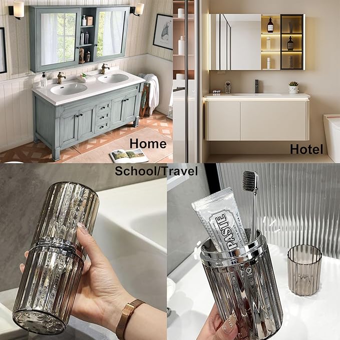 Toothbrush Travel Case, 2-in-1 Multifunction Dustproof Portable Toothbrush Cup & Toothpaste Storage Container, Toothbrush Case for Traveling Bathroom Camping Business Trip School (Grey)