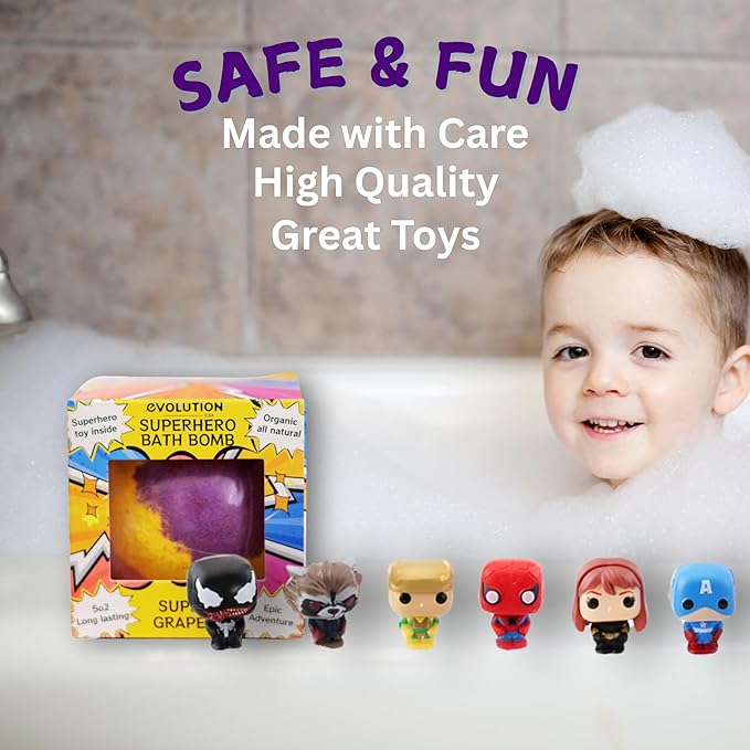 EvolutionUSA 1pc Epic Superhero Bath Bombs for Kids, Super Hero Bath Bomb with Toy Inside, Lush Childrens Bathbomb, Organic Bathbomb with Surprise Inside, Fizzy Fun Superhero Bath Ball Bath Toy