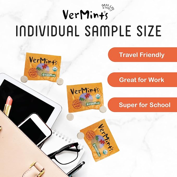 VerMints Organic Breath Mints GingerMints – Real Ginger Flavored Candies - Individually Wrapped Travel Size - Non-GMO, Nut Free, Gluten Free, Vegan, Kosher & Organic Candy Mints - 100 Packets