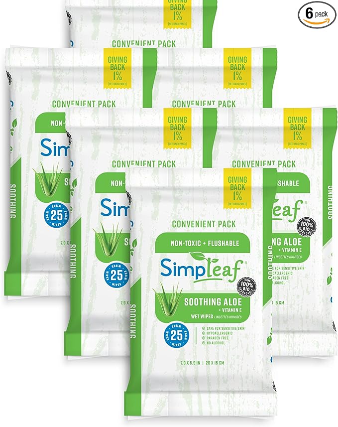 Simpleaf Flushable Wet Wipes Aloe Vera| Eco-Friendly, Paraben & Alcohol Free | Hypoallergenic & Safe for Sensitive Skin | Soothing Aloe Formula | (6 x 25 Counts Convenient Pack) 150 Counts Total