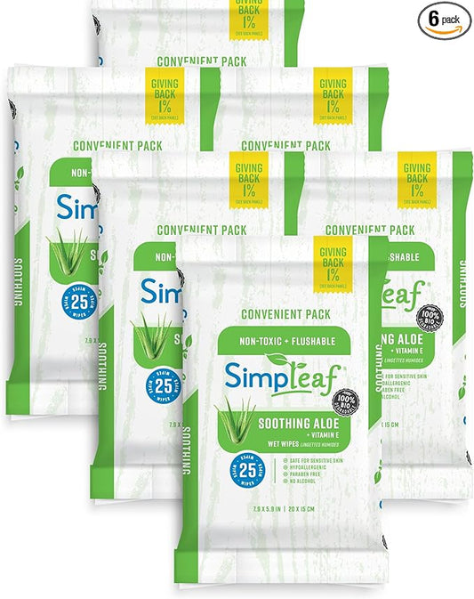 Simpleaf Flushable Wet Wipes Aloe Vera| Eco-Friendly, Paraben & Alcohol Free | Hypoallergenic & Safe for Sensitive Skin | Soothing Aloe Formula | (6 x 25 Counts Convenient Pack) 150 Counts Total
