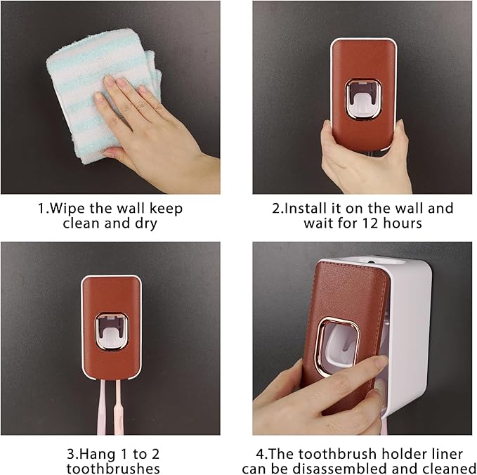 2 Slot Toothbrush Holder and Toothpaste Dispenser Wall Mounted, Automatic Toothpaste Squeezer, 2 in 1 Tooth Brush Toothpaste Organizer for Shower (Brown 2Pack)