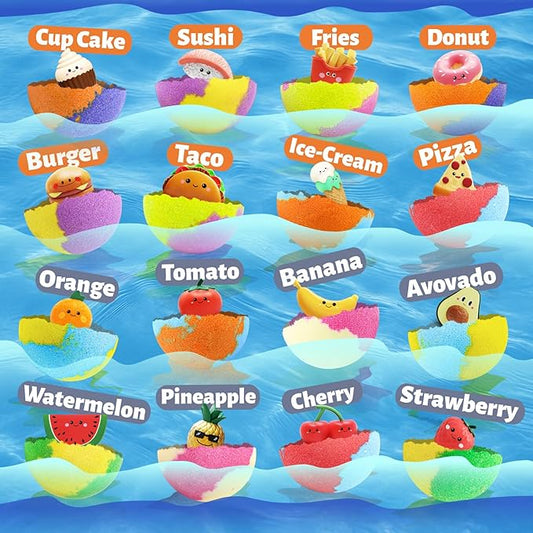 Kids Bath Bombs with Food Toys Inside, 16 Pack Colorful Surprise Bath Fizzies Set, Organic Fizzy Bubble Bath Bombs for Girls & Boys, Ages 3+